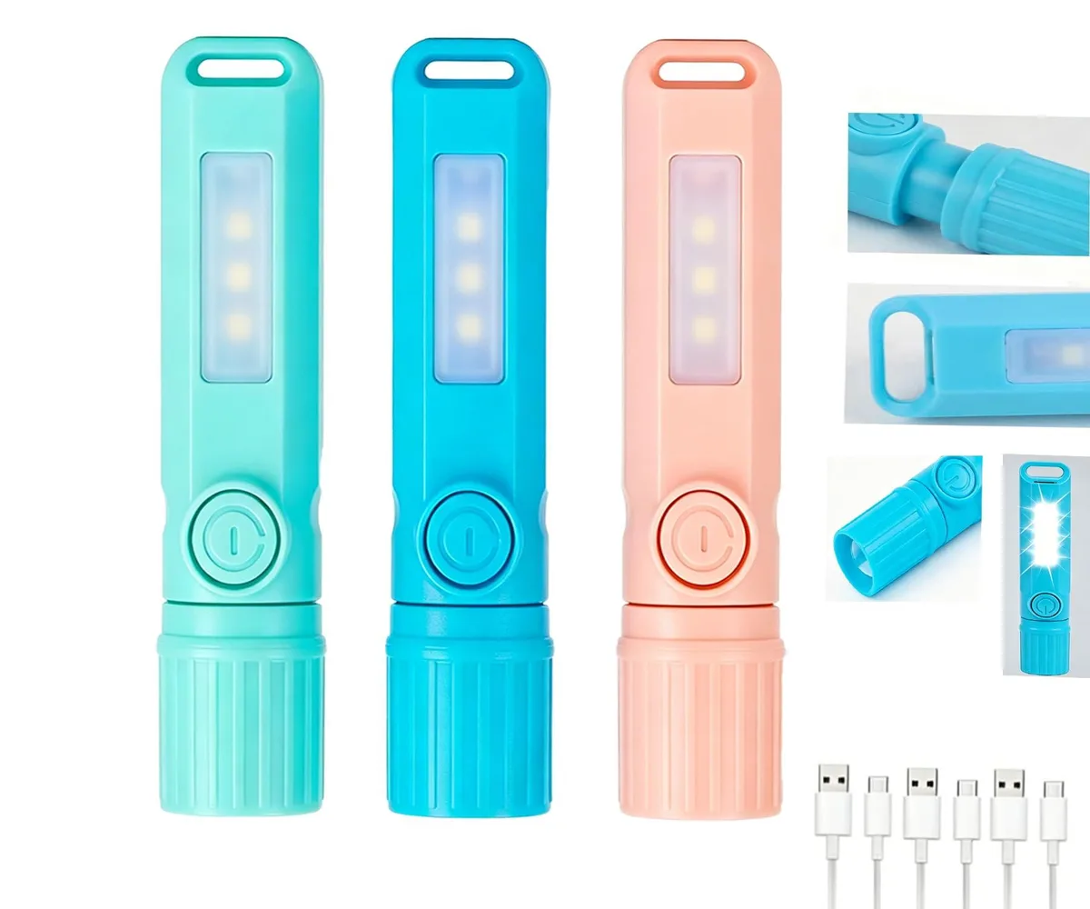 Three black plastic mini flashlights with zoom heads and USB-C ports