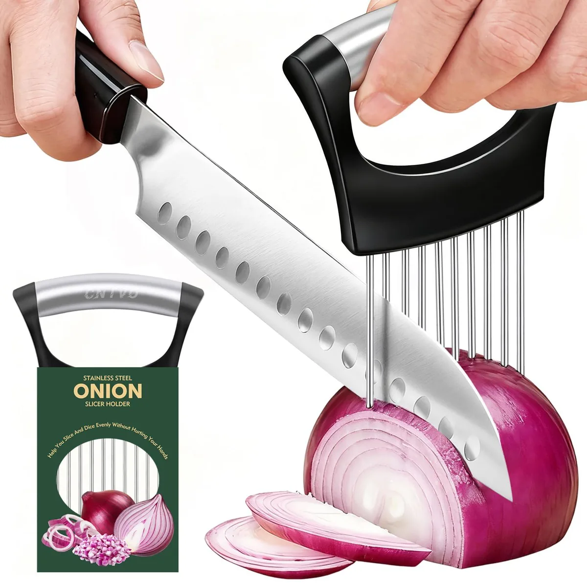 Stainless steel onion holder with 10 prongs, ergonomic handle and protective cover