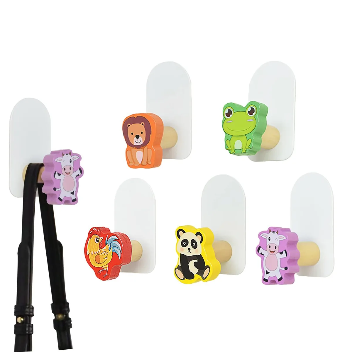 Five colourful cartoon animal wall hooks with adhesive backing