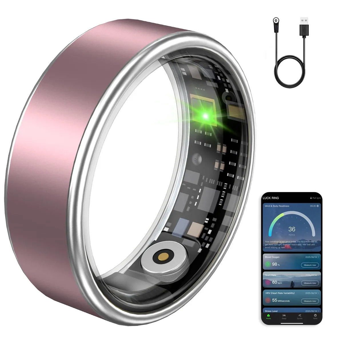 Matte pink smart ring with 1.04 inch display and charging cable