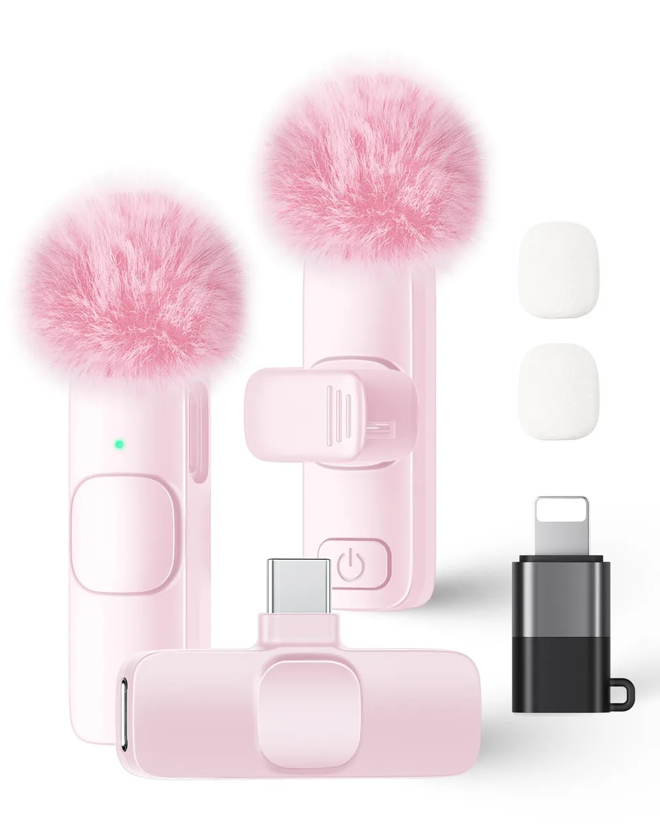  KUKIHO Mic-03 Wireless Lavalier Microphone 2 Pack Pink USB-C iOS Adapter — product photo