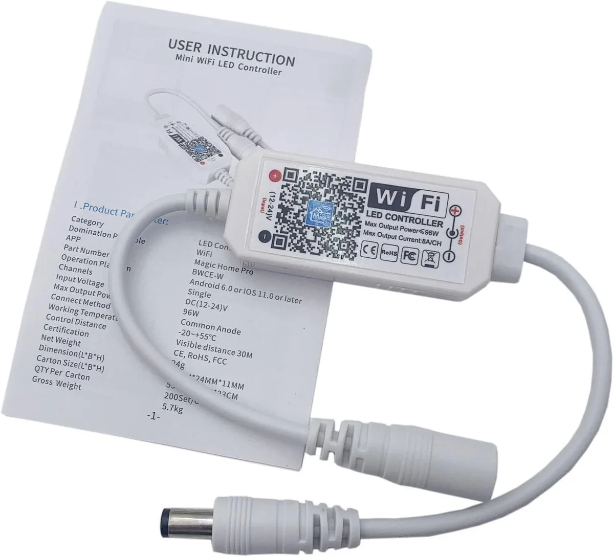 Small white rectangular WiFi controller with terminals and tape