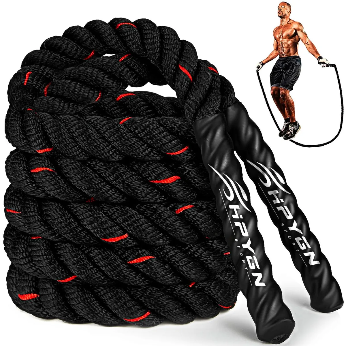 Black weighted jump rope with rubber grips, 9.2ft 2.8LB