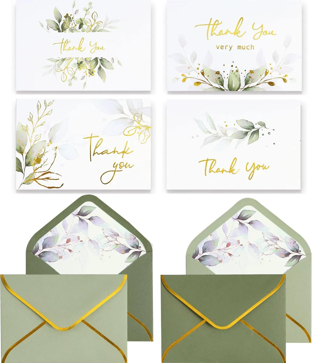 Pack of 100 sage green thank you cards with gold foil lettering and envelopes in a sturdy box