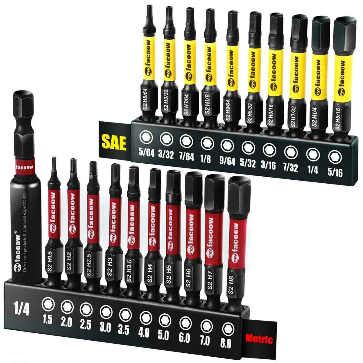 21-piece hex bit set in steel finish with yellow and red colour-coded sleeves, bit holder and storage box