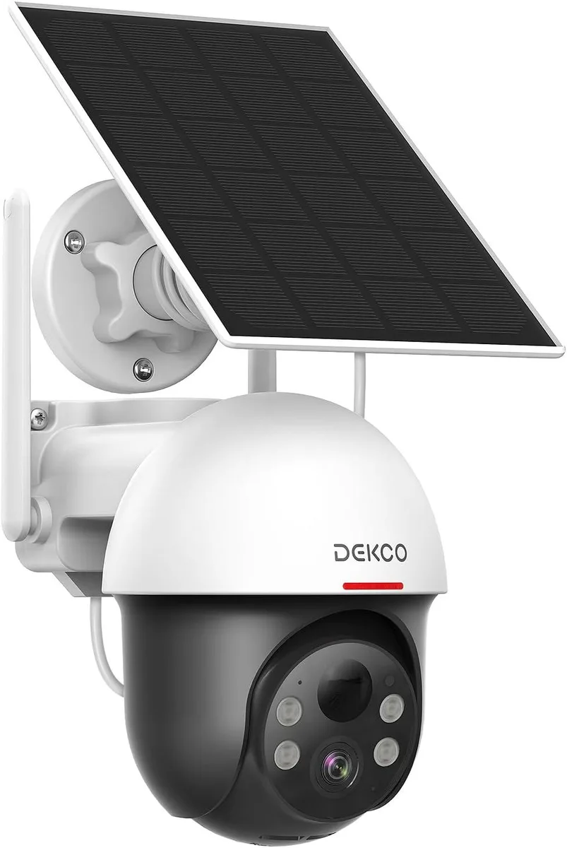 White cylindrical outdoor camera with solar panel mount, 360 pan tilt, IP65 rated