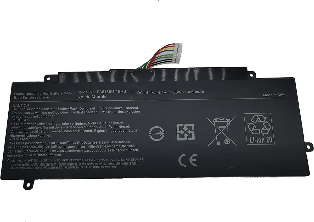 Black rectangular lithium-ion laptop battery with connector visible