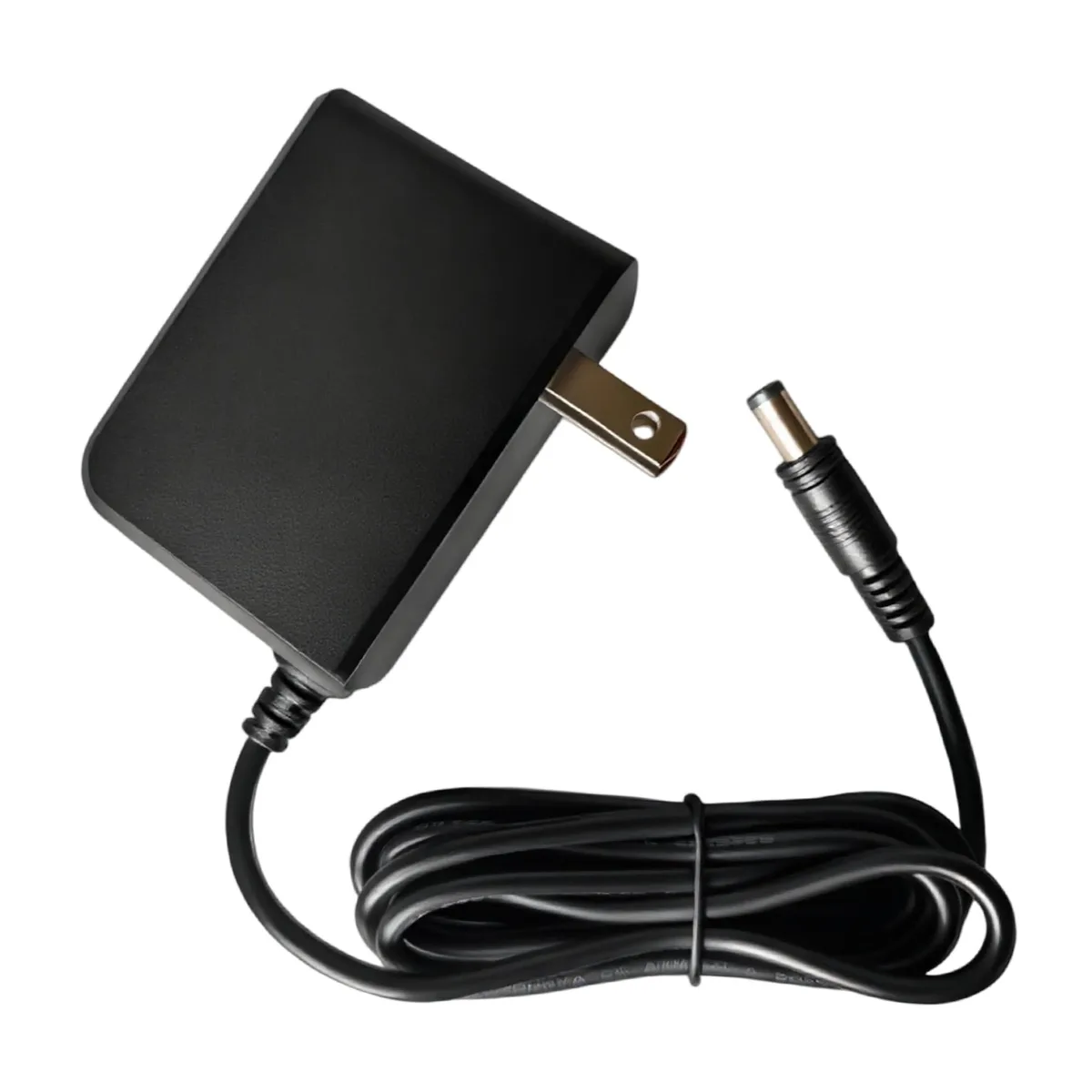 Black rectangular AC/DC power adapter with 5.5x2.1mm center-positive barrel connector and 4.9ft cord