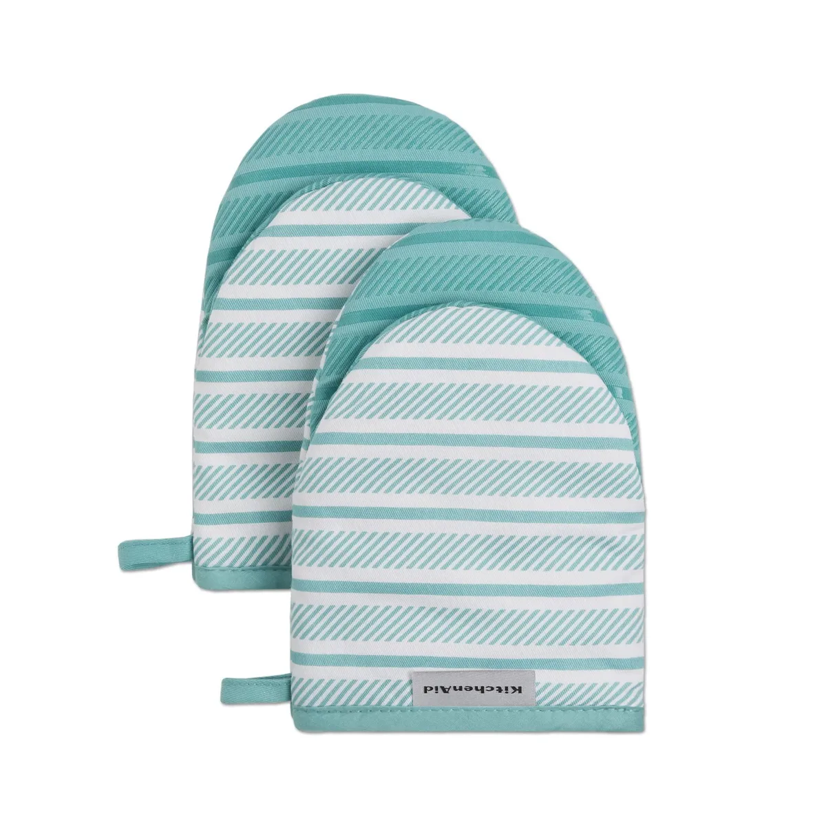 Two aqua sky cotton mini oven mitts with silicone grip and hanging loops, 5.5 by 8 inches