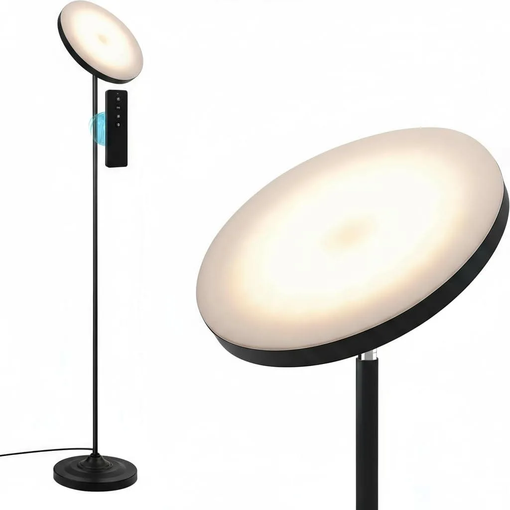 Tall brushed floor lamp with adjustable head and remote control