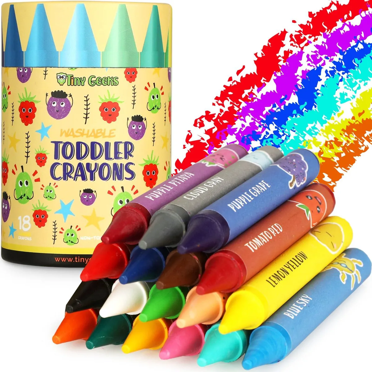Box of 18 thick wax crayons in a sturdy container