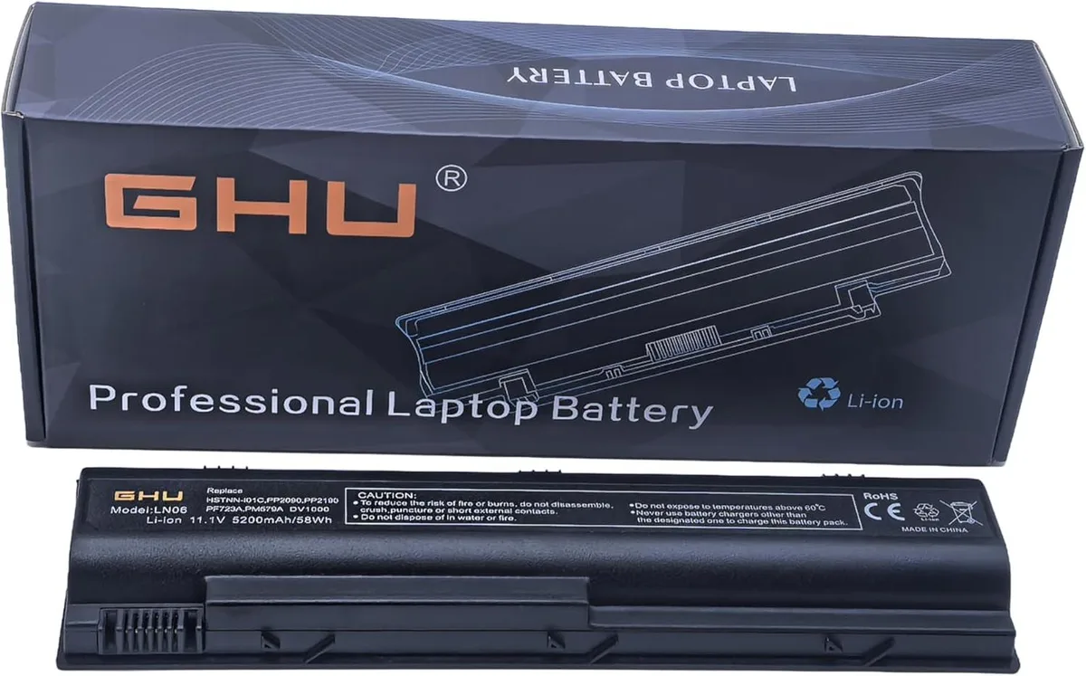 Rectangular black laptop battery with label showing 58Wh 5200mAh