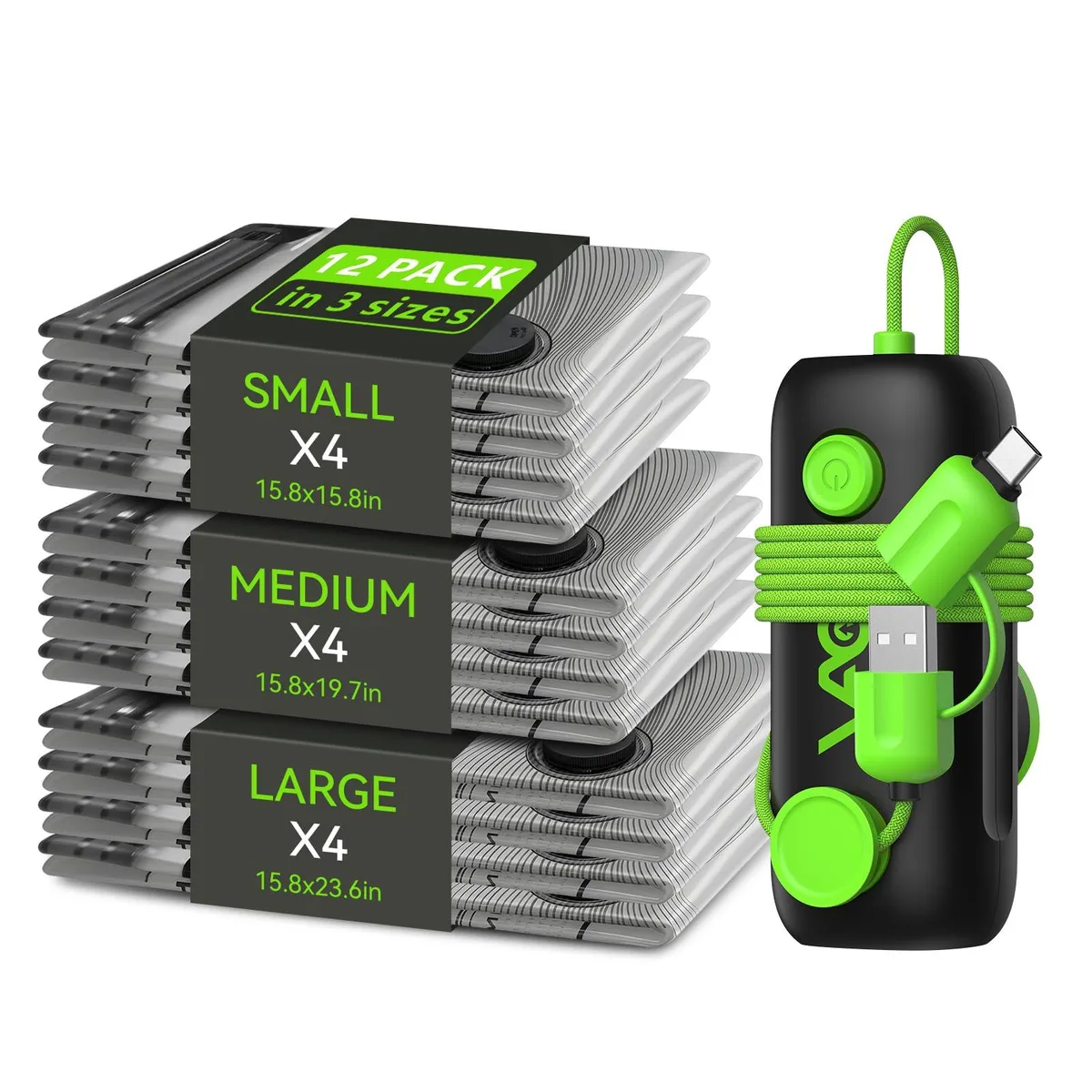 Twelve green vacuum storage bags with USB electric pump