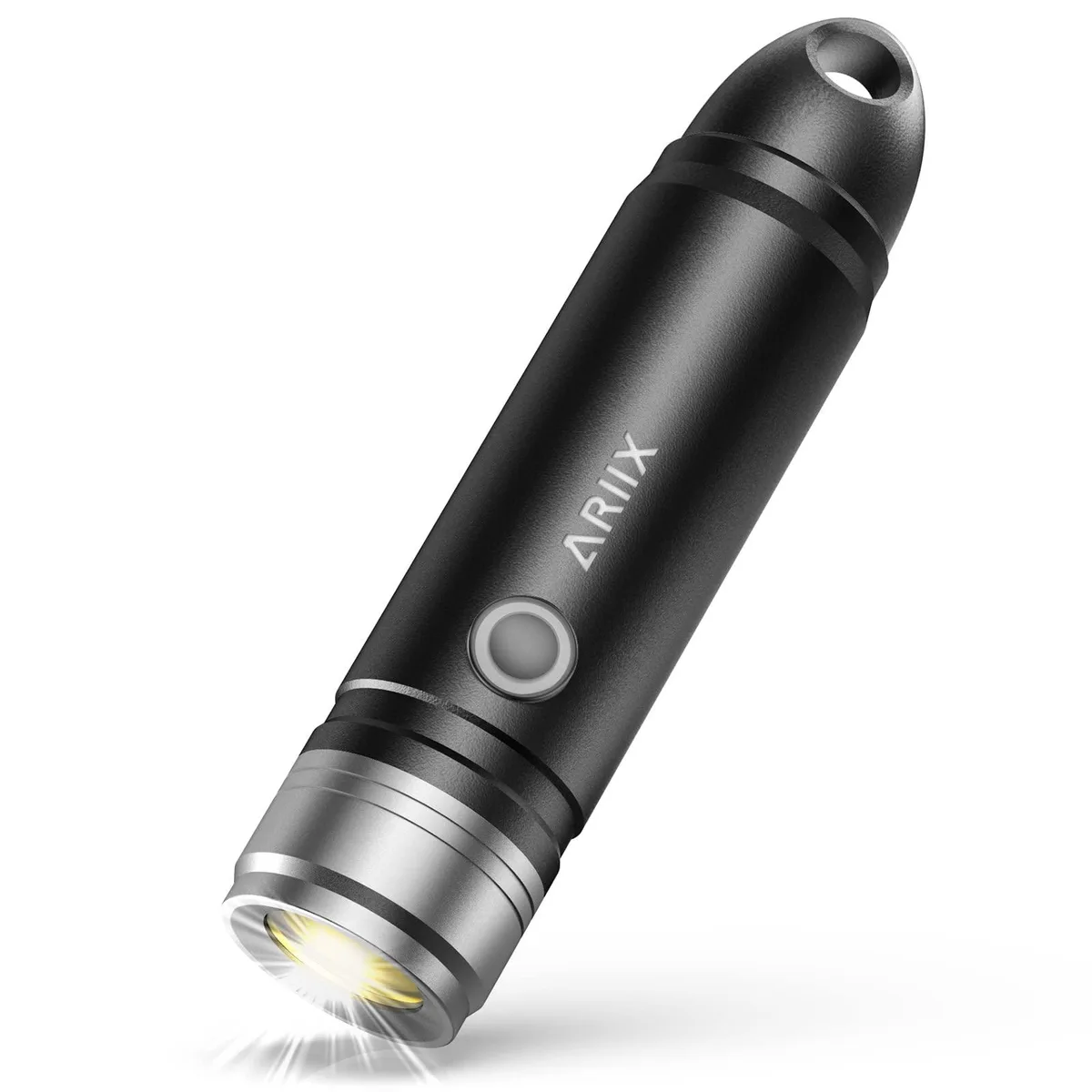 Rose gold aluminium flashlight, cylindrical, USB-C port visible, lanyard attached