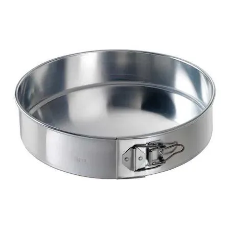 Silver springform cake pan with removable base and latch, 12 inch diameter, uncoated aluminum finish