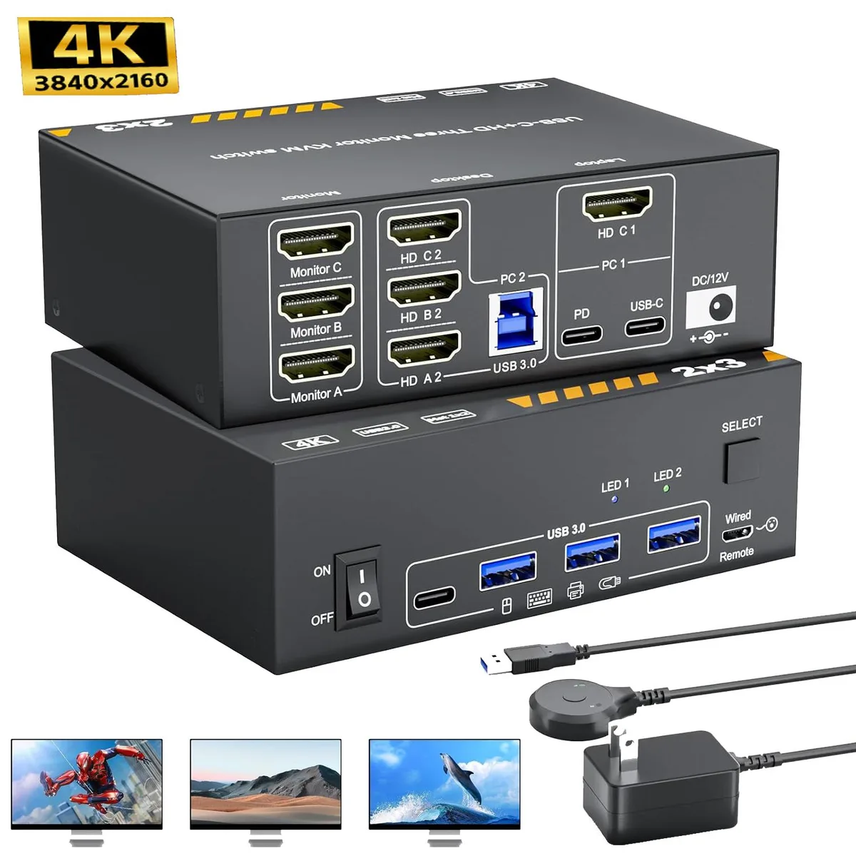 AUTYUE AUTYUE Triple Monitor USB-C HDMI KVM Switch 3 Monitors 2 PCs 4K 60Hz 87W PD — product photo