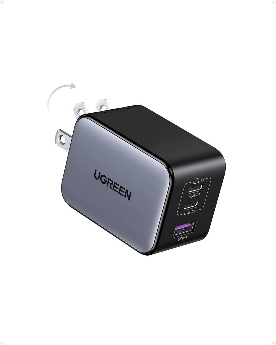 Compact white GaN wall charger with two USB-C and one USB-A port, foldable plug