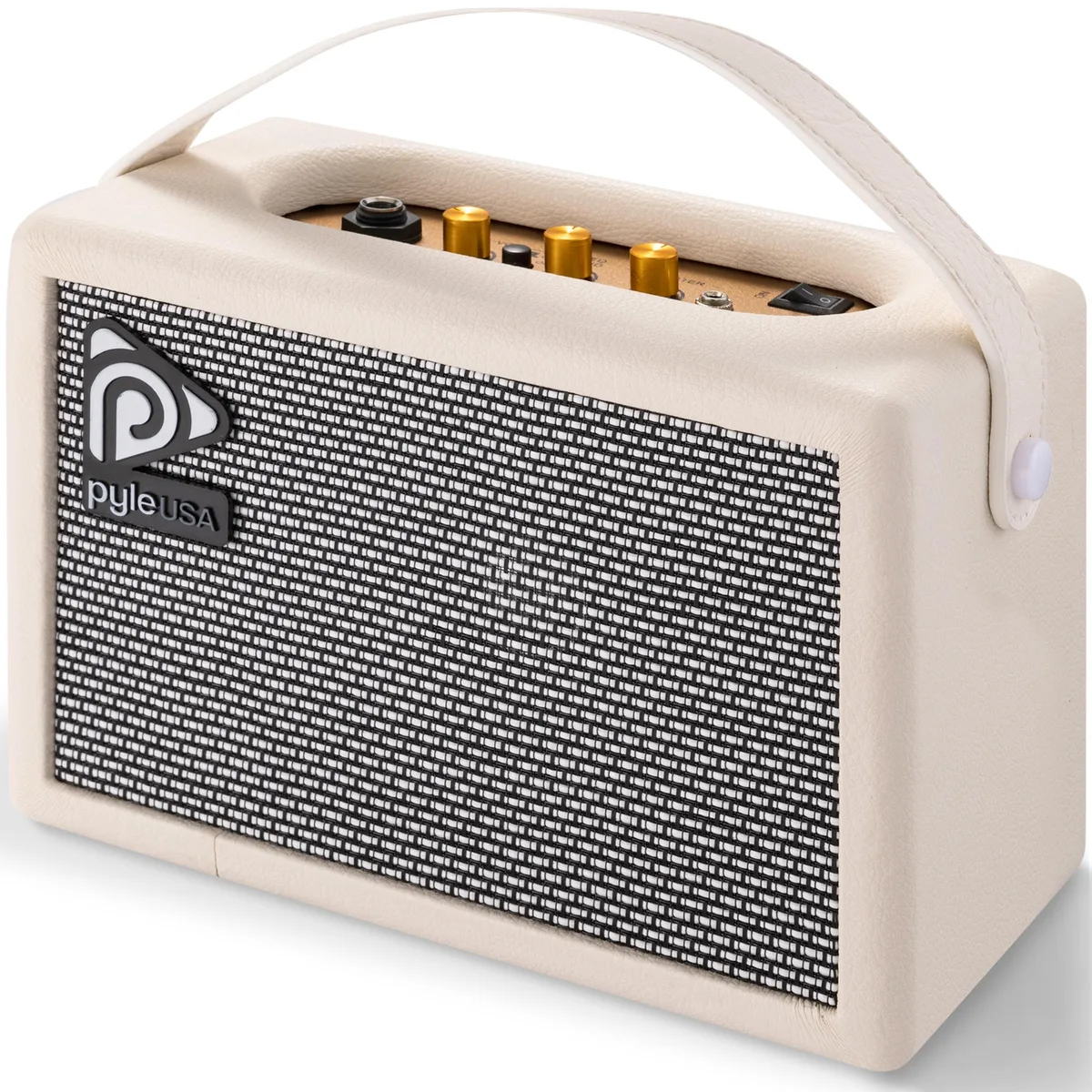 Black rectangular guitar amp with leather-coated plywood finish, 5-inch speaker, volume bass treble knobs, headphone jack