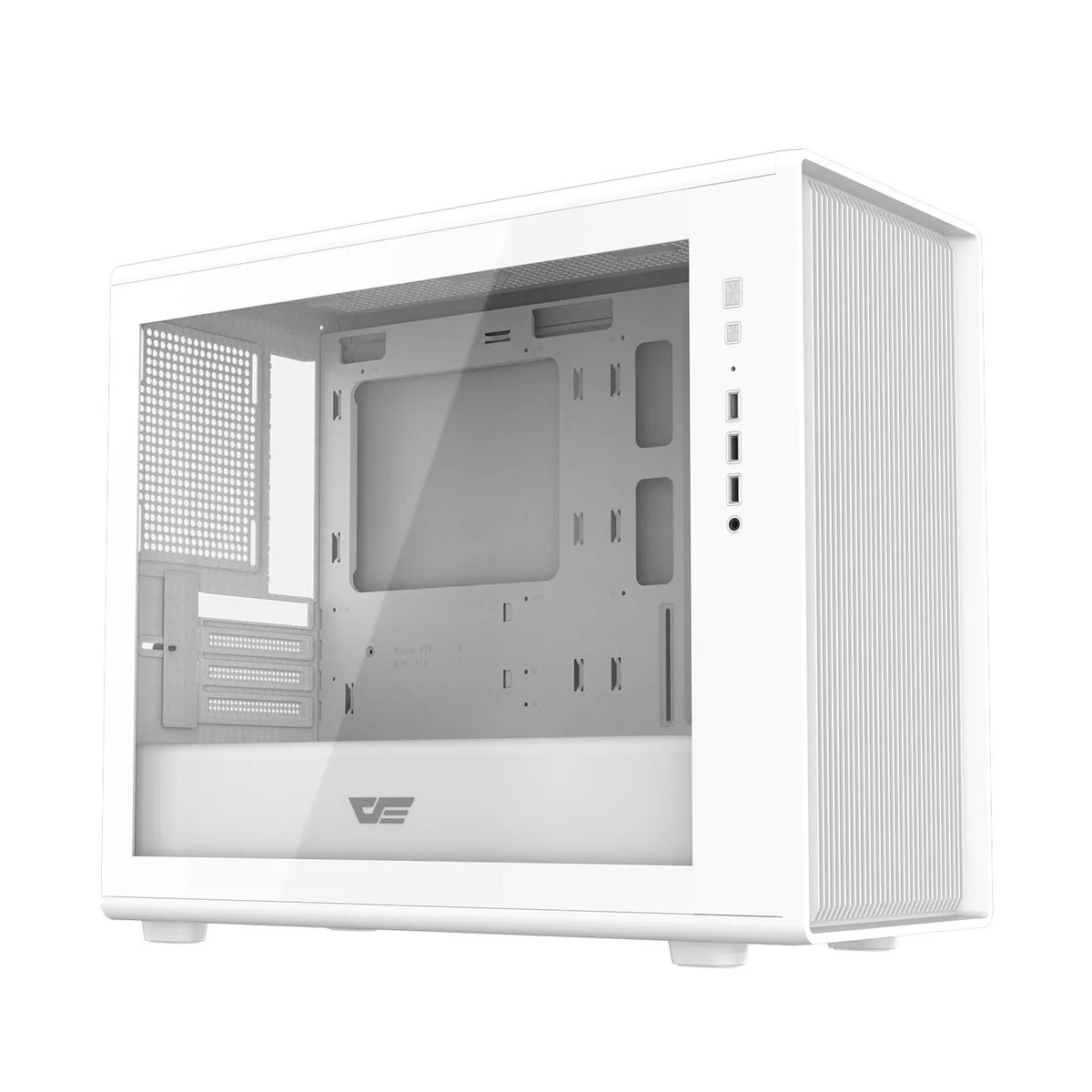 White micro-ATX mid-tower case with full mesh front panel and tool-free tempered glass side panel