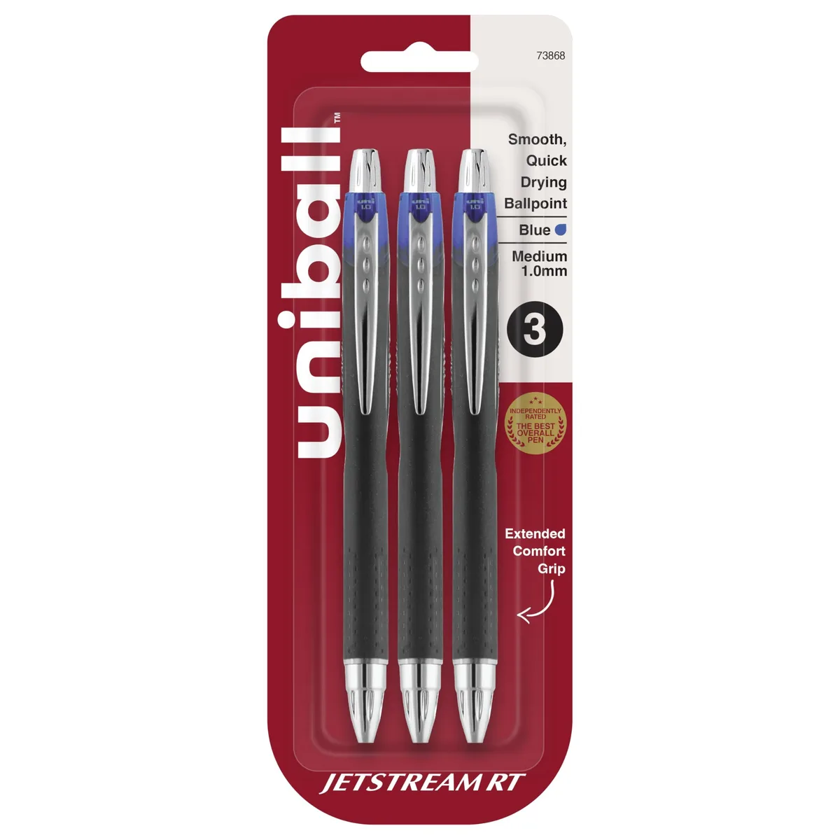 Three blue retractable ballpoint pens with plastic barrels and stainless steel accents