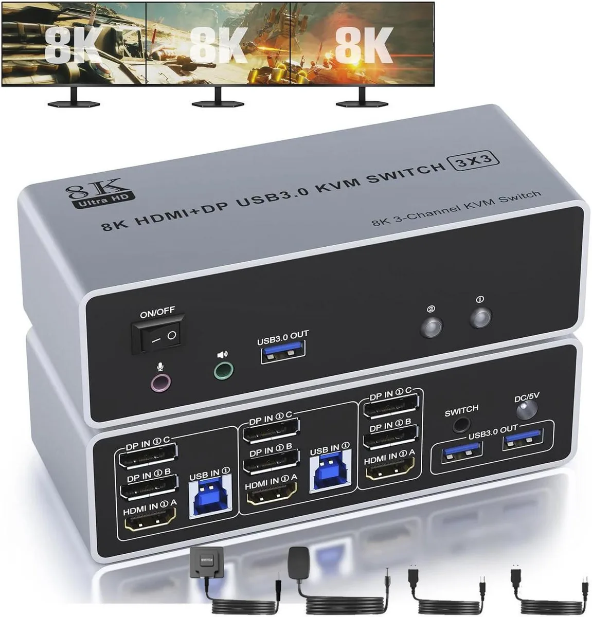 Vszerda Vszerda 2-Port 3-Monitor KVM Switch HDMI+2DP 8K60 4K144 USB3.0 Audio — product photo