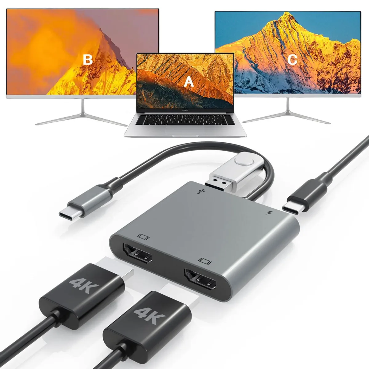 Fophmo 4 in1 USB C HUB dual HDMI 4K@60Hz 100W PD USB-A 3.0 grey — product photo