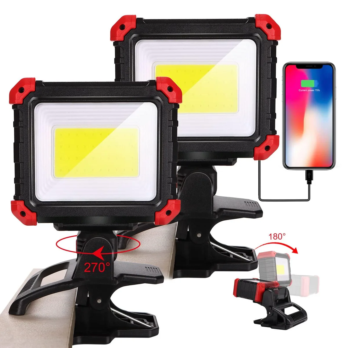 Two compact rectangular clamp lights with matte black finish, wide jaws, rotating heads and magnetic bases
