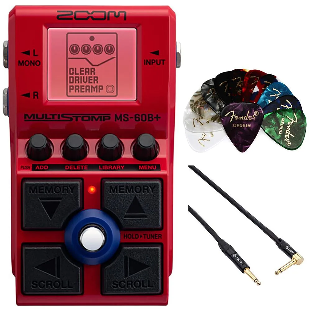 Zoom Zoom MS-60B+ MultiStomp Bass Multi-FX Pedal Bundle with 10' Cable and 12-Pack Picks — product photo