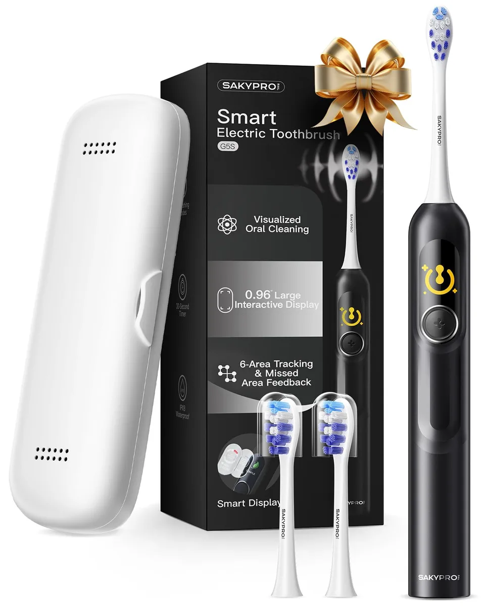 Black electric toothbrush with LED display and travel case