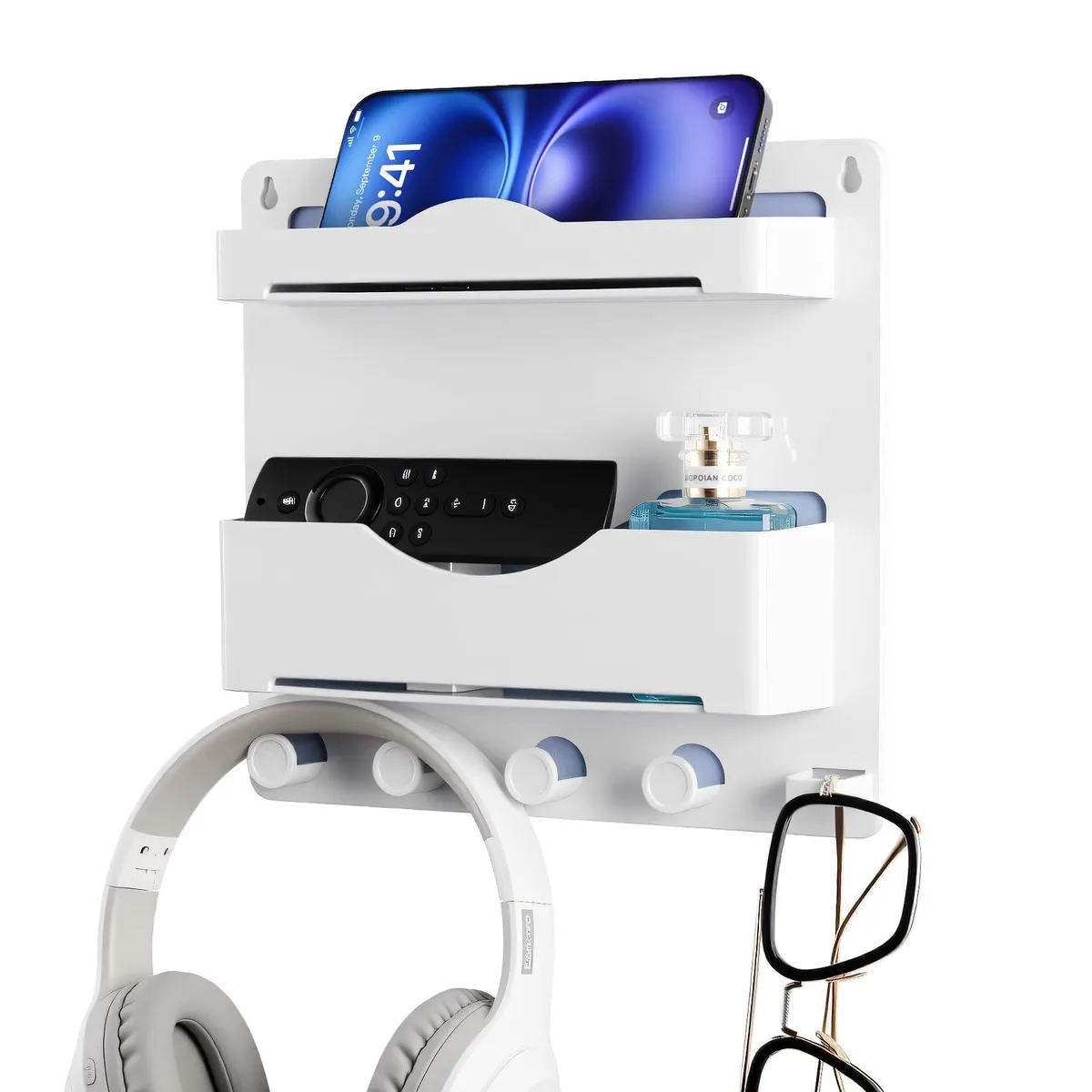White plastic wall shelf with circular glasses hooks and wide device slot