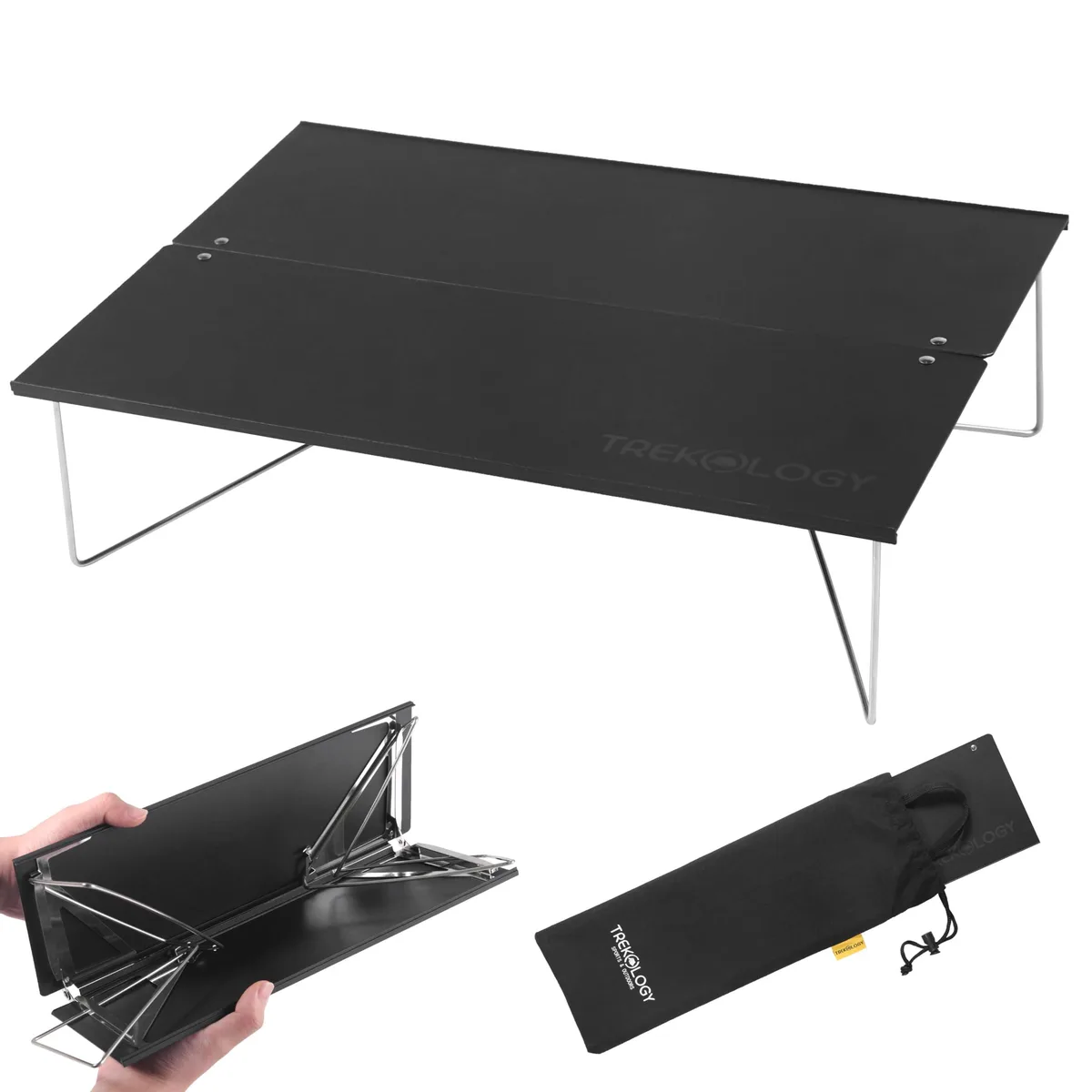 Black folding mini table with pop-up legs, aluminium top, stainless steel frame, packed in carry bag