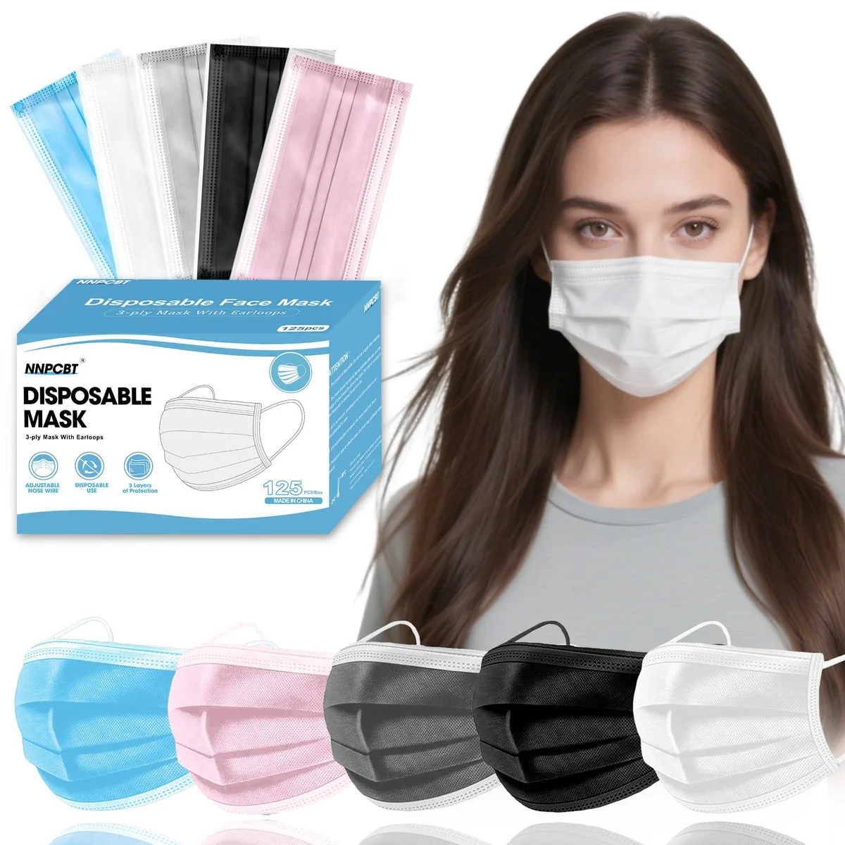 Flat pack of 125 coloured disposable face masks with ear loops