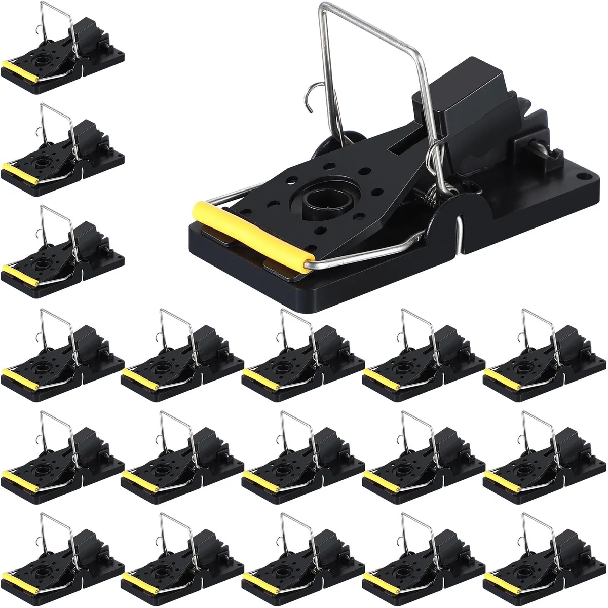 Twenty-four black and yellow plastic snap mouse traps arranged in a grid