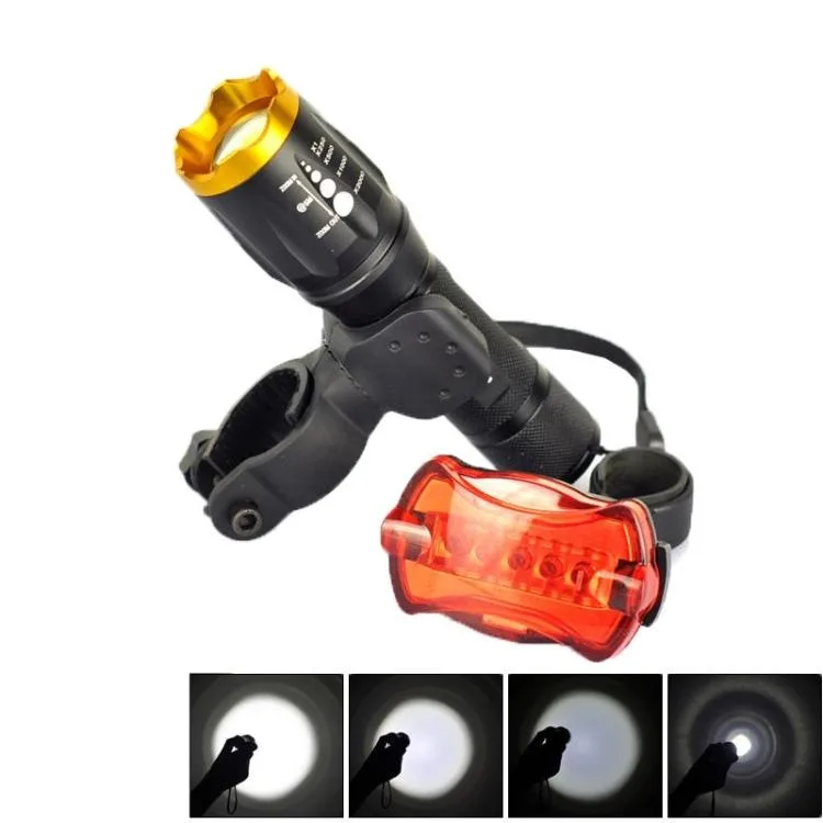 Aircraft-grade aluminium flashlight with stepped cooling fins, zoom head, bicycle tail light and mounting clip