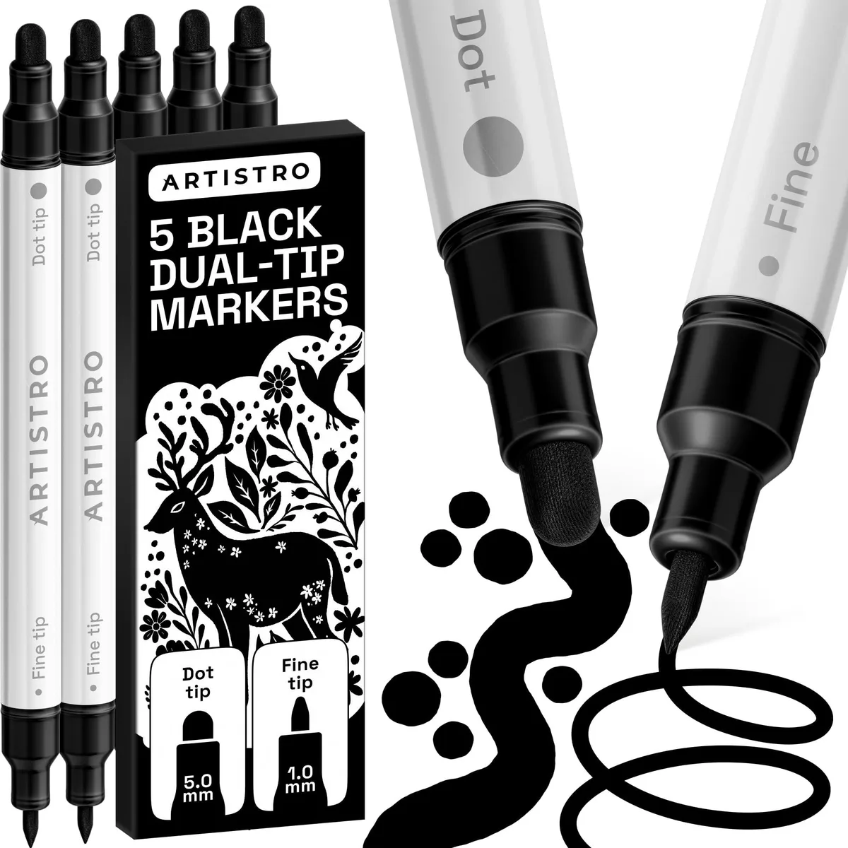  Artistro DTBA5-ZT-CN 5 Black Dual-Tip Acrylic Paint Markers — product photo
