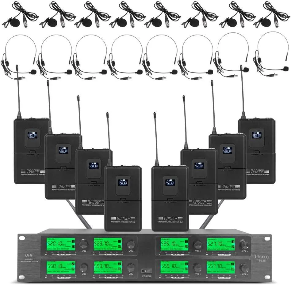 Black metal 8-channel UHF wireless rack receiver with four telescopic antennas and eight bodypack transmitters
