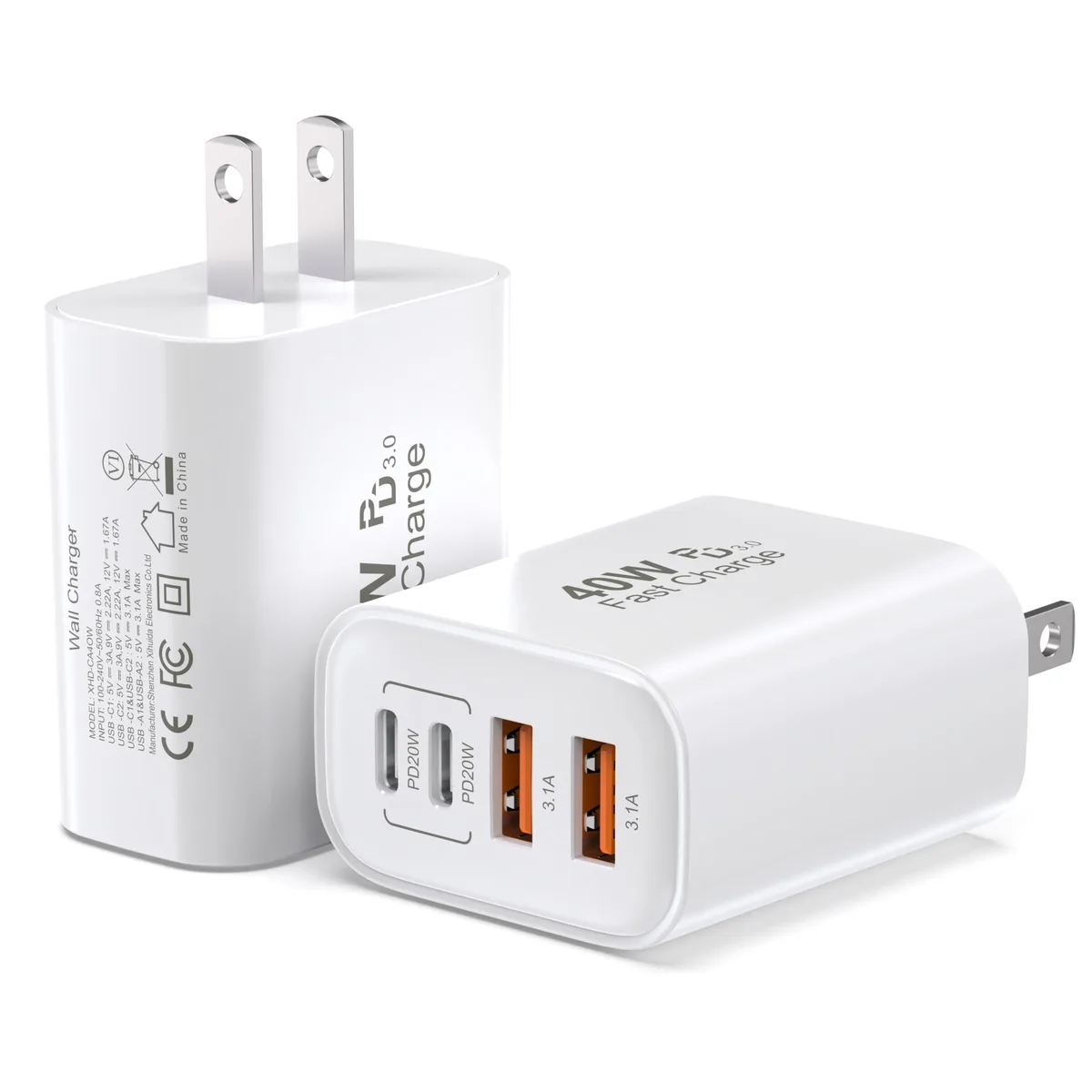  TT&amp;C XHD-CA40W 40W 4-Port USB Charger White 2-Pack — product photo