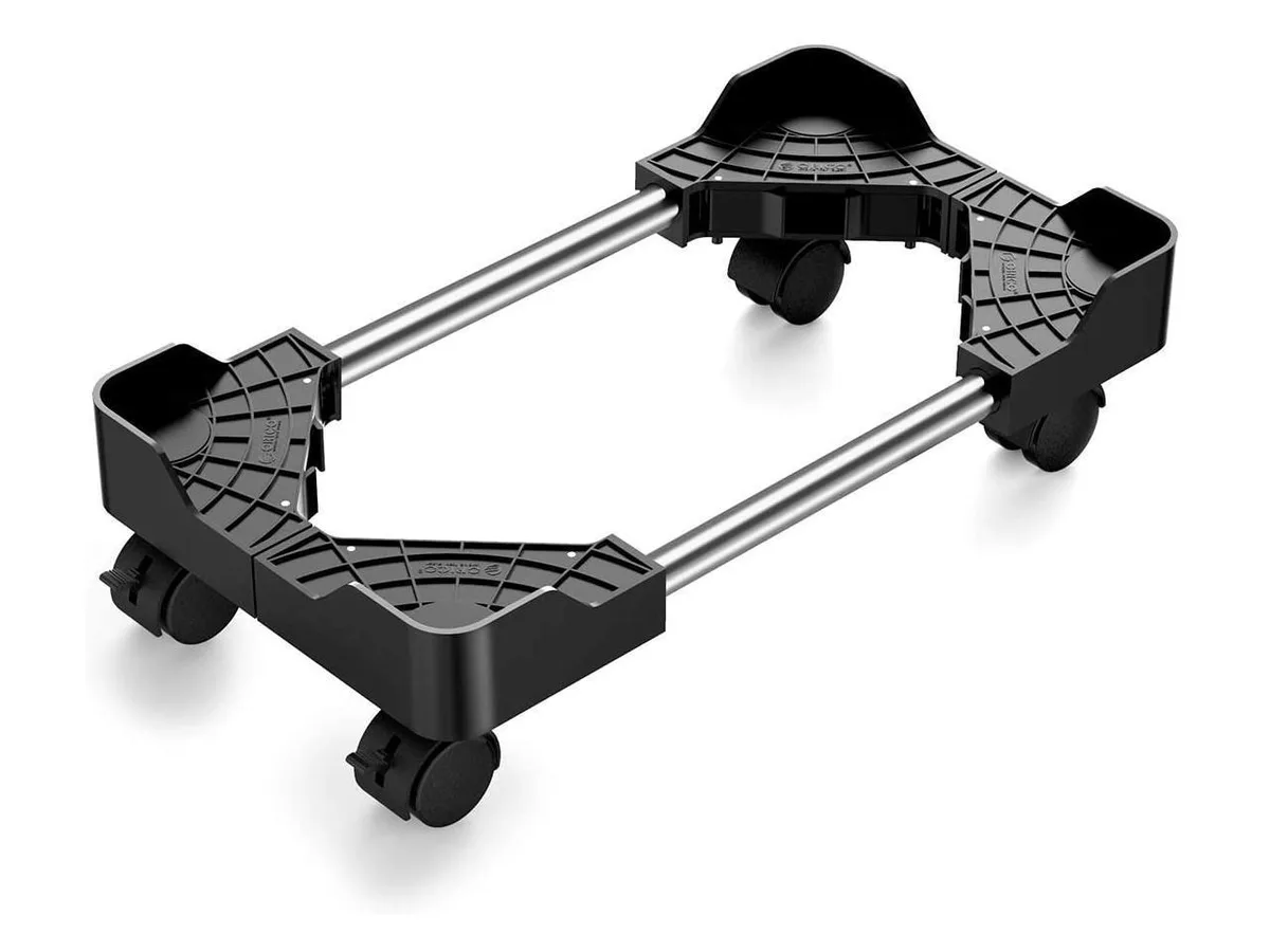 Black metal frame on four wheels with open grid base
