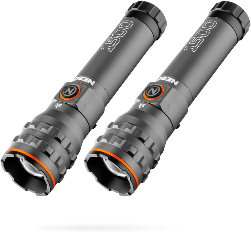 Two compact cylindrical flashlights side by side, matte dark finish, USB-C ports visible, 5.5 inches each