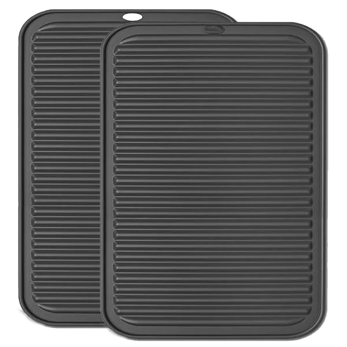 Two black rectangular silicone trivets with ridged surface and hanging holes