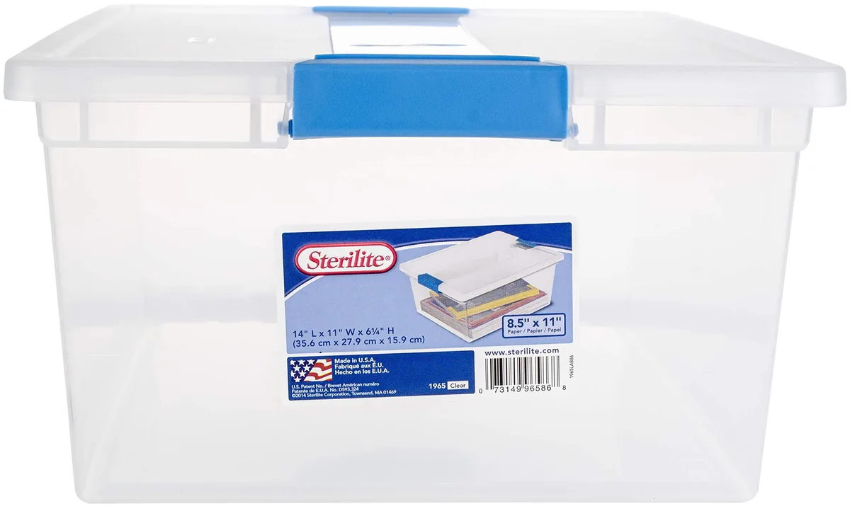 Clear rectangular storage box with blue latch clips on lid