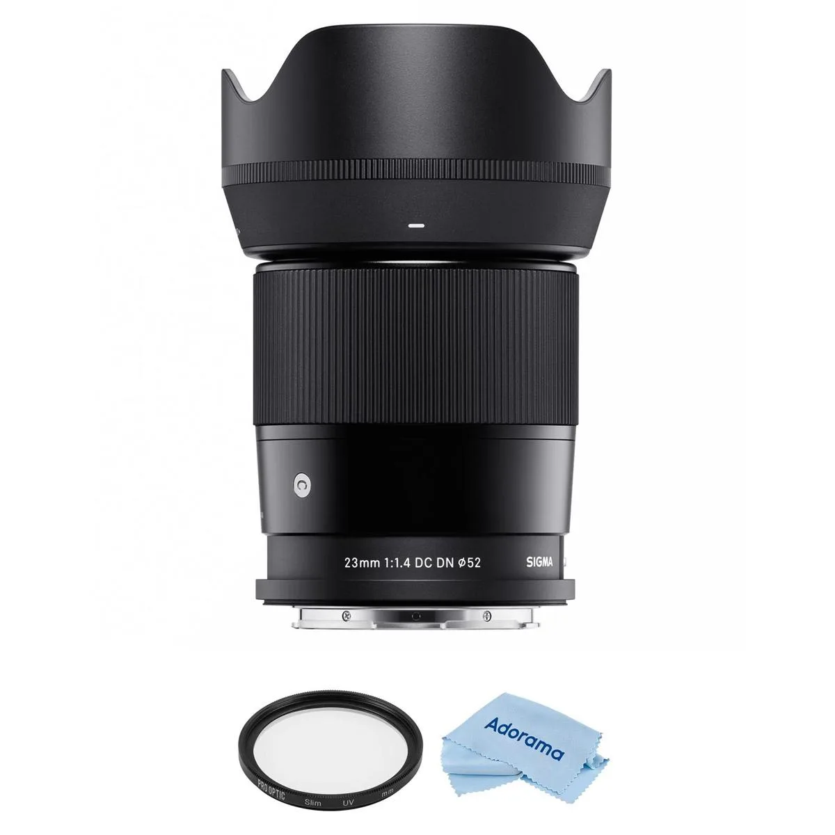 Black cylindrical camera lens with silver mount and bundled UV filter and cloth