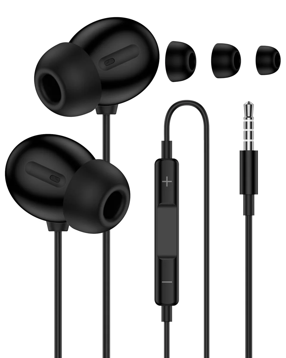 Black wired in-ear earbuds with 3.5mm plug and inline remote