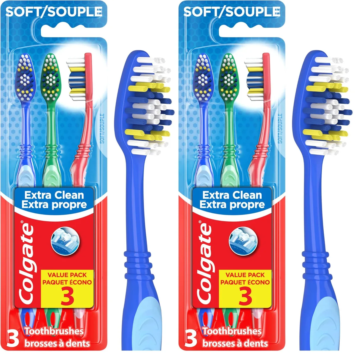 Six soft manual toothbrushes in assorted colours with ergonomic handles