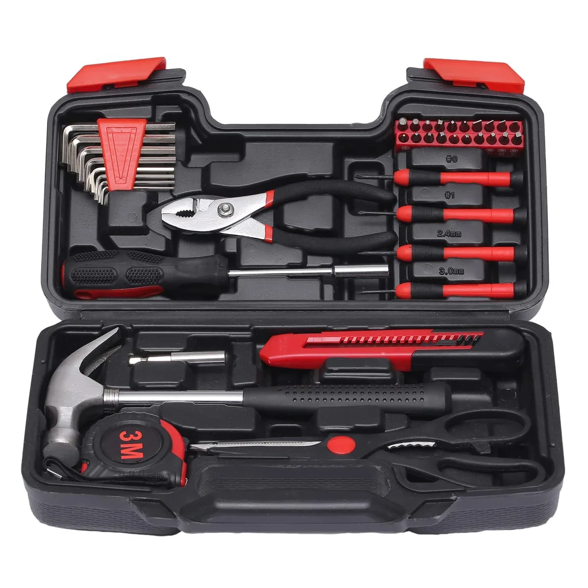 Red plastic case holding a 39-piece household tool kit