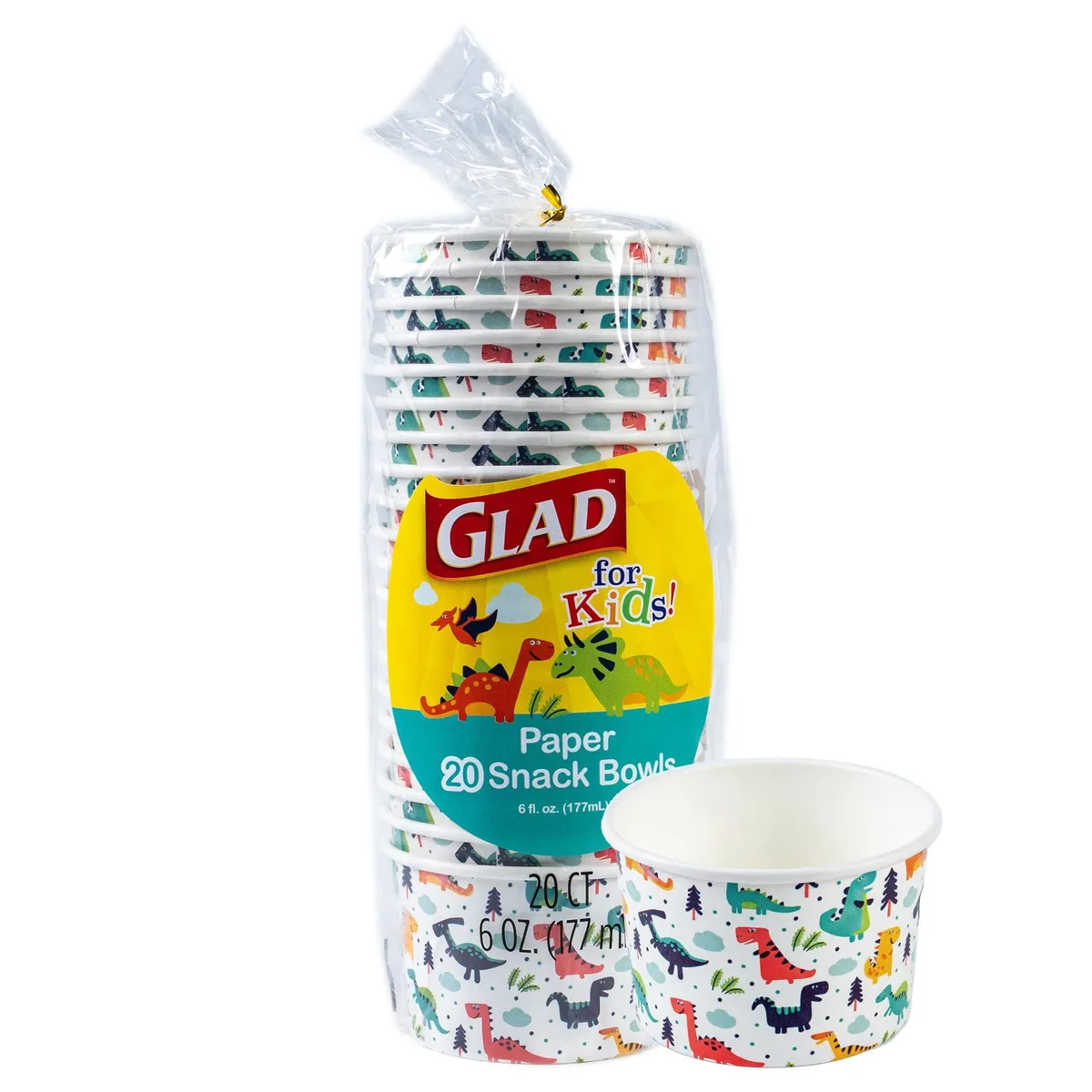 A stack of 20 multicolour paper bowls with dinosaur graphics, 6 oz each