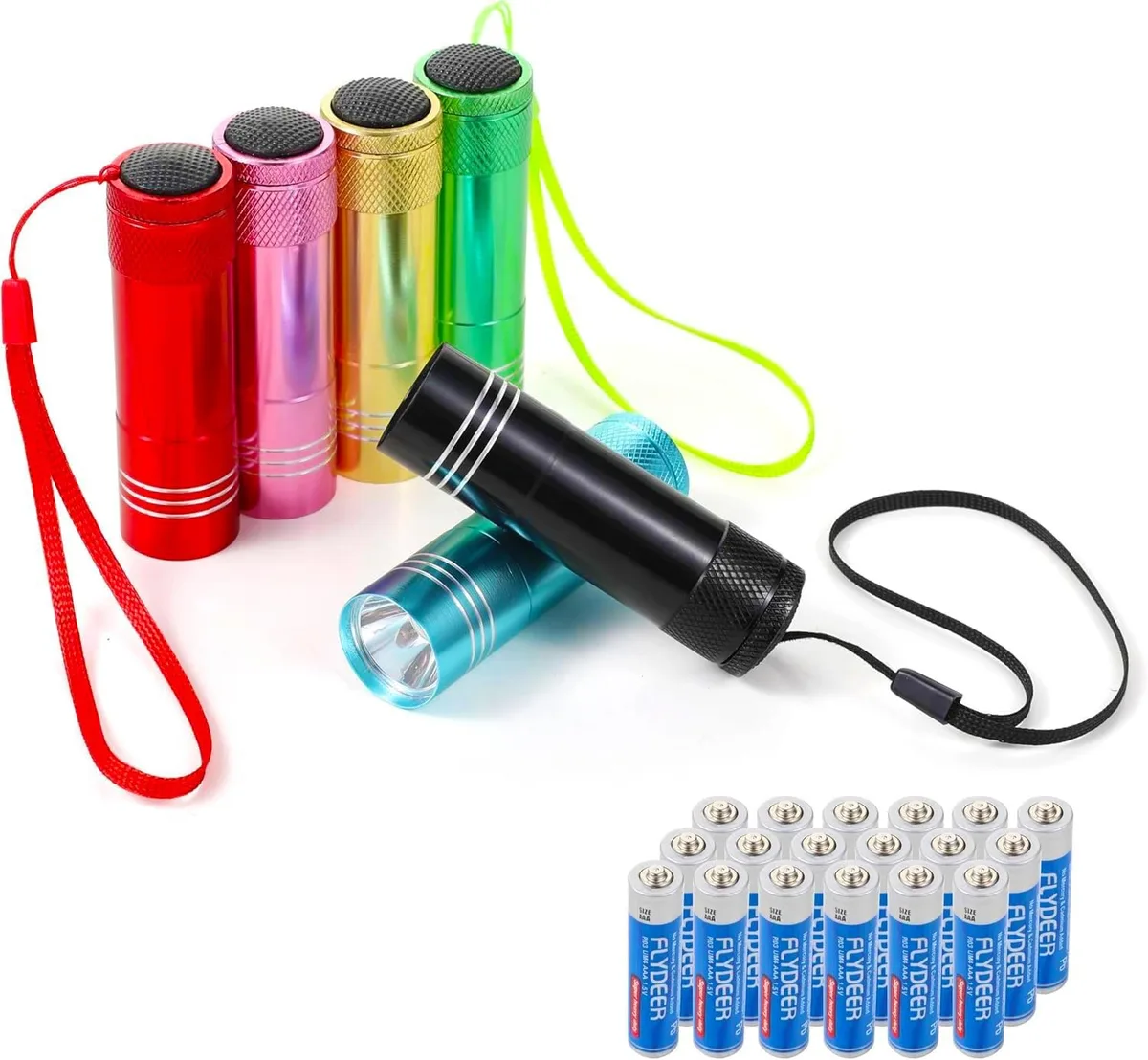 Six black cylindrical aluminum mini flashlights with lanyards, each 3.4 inches long, 0.93 inches wide, 1.41 ounces