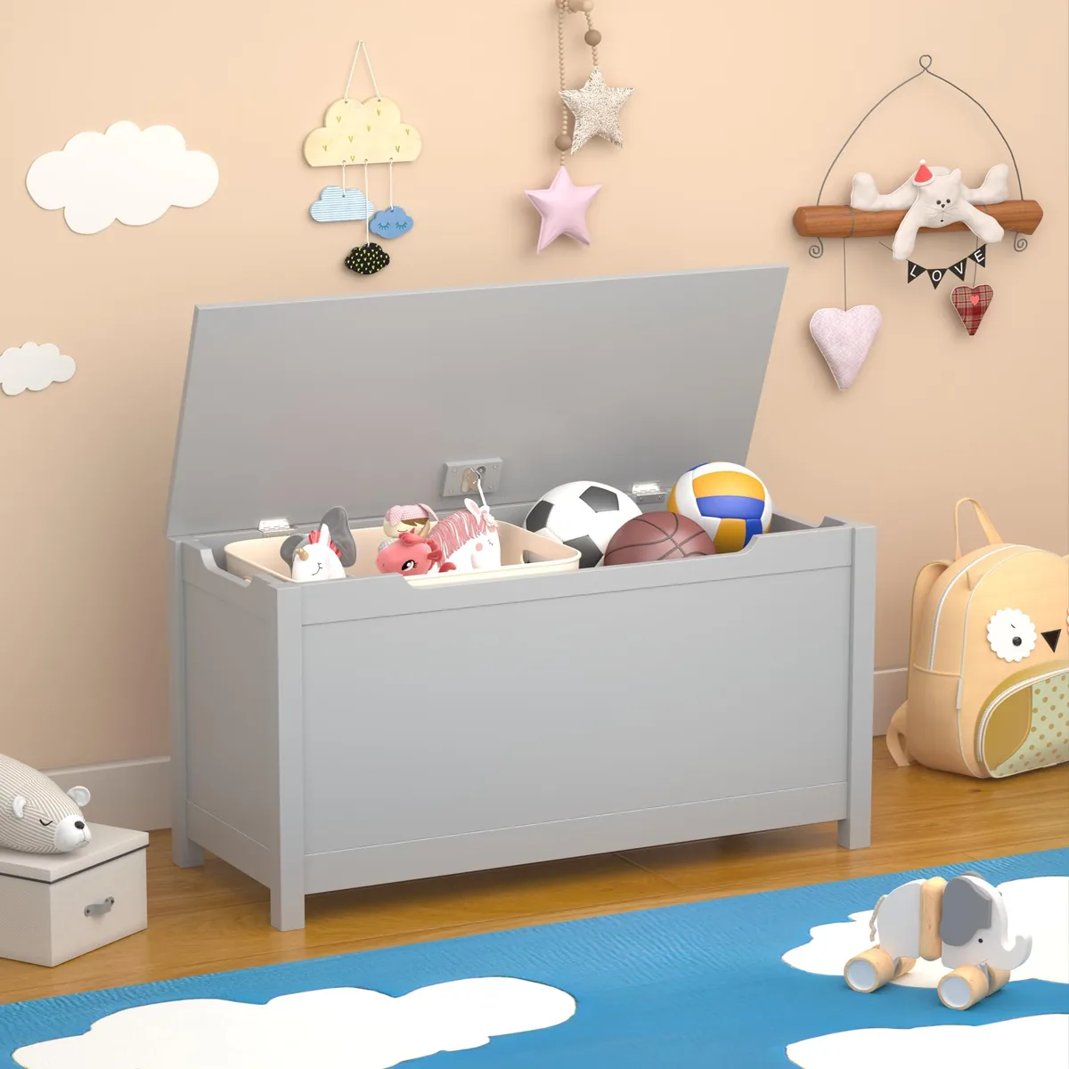 MERSCO MERSCO Wooden Toy Storage Chest with Safety-Hinged Lid, Grey — product photo