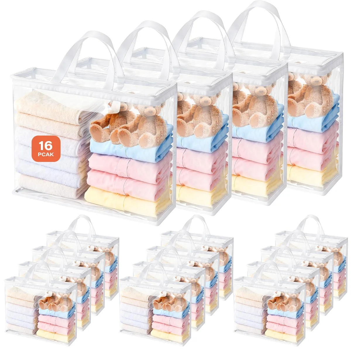 Sixteen clear zippered storage bags with handles, white finish