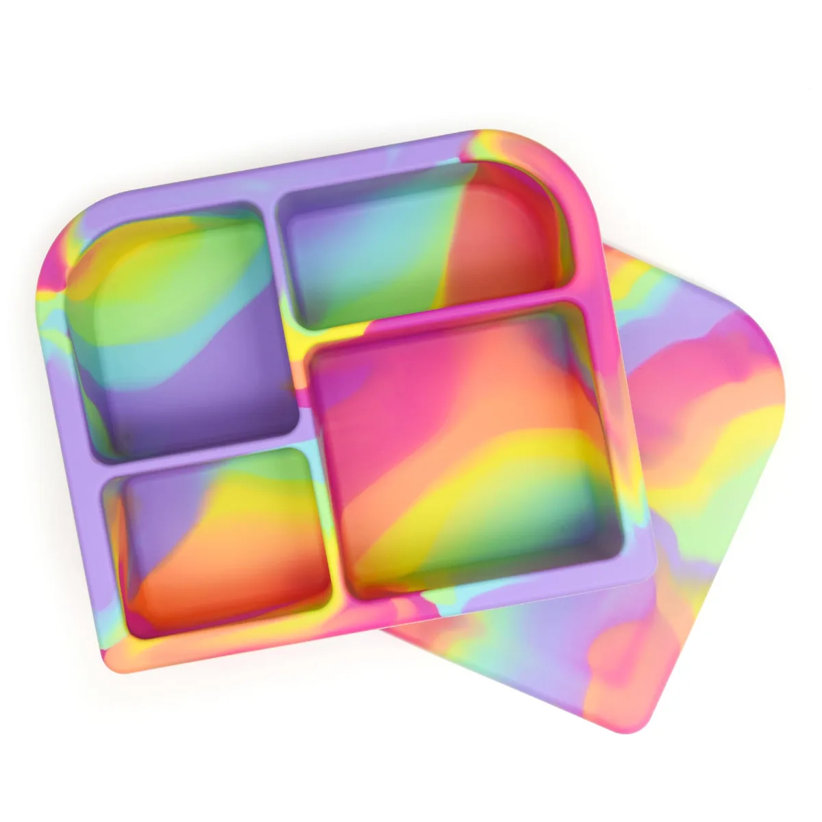 Large round silicone bento box with rainbow swirl finish and sealed compartments